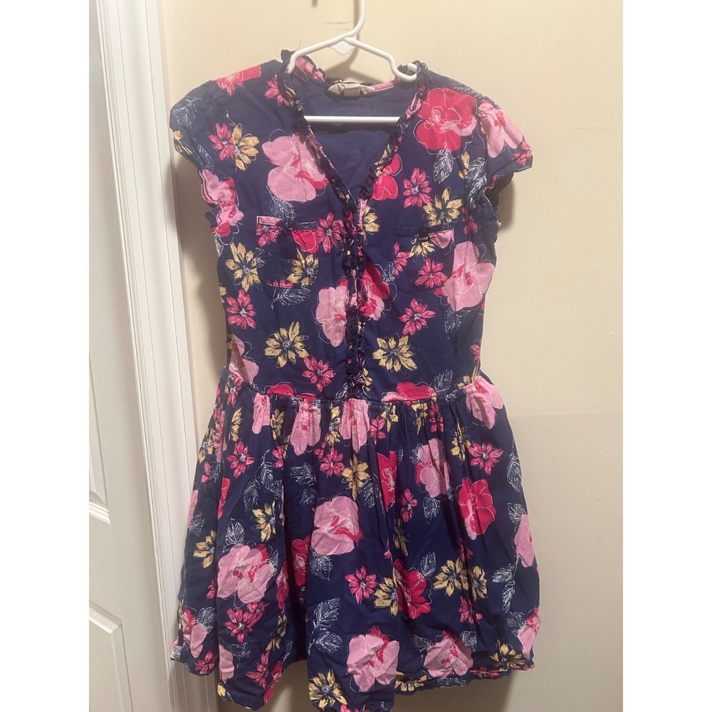 Lands' End Kids Size 8 Blue Floral Knee Length Cap Sleeve Dress